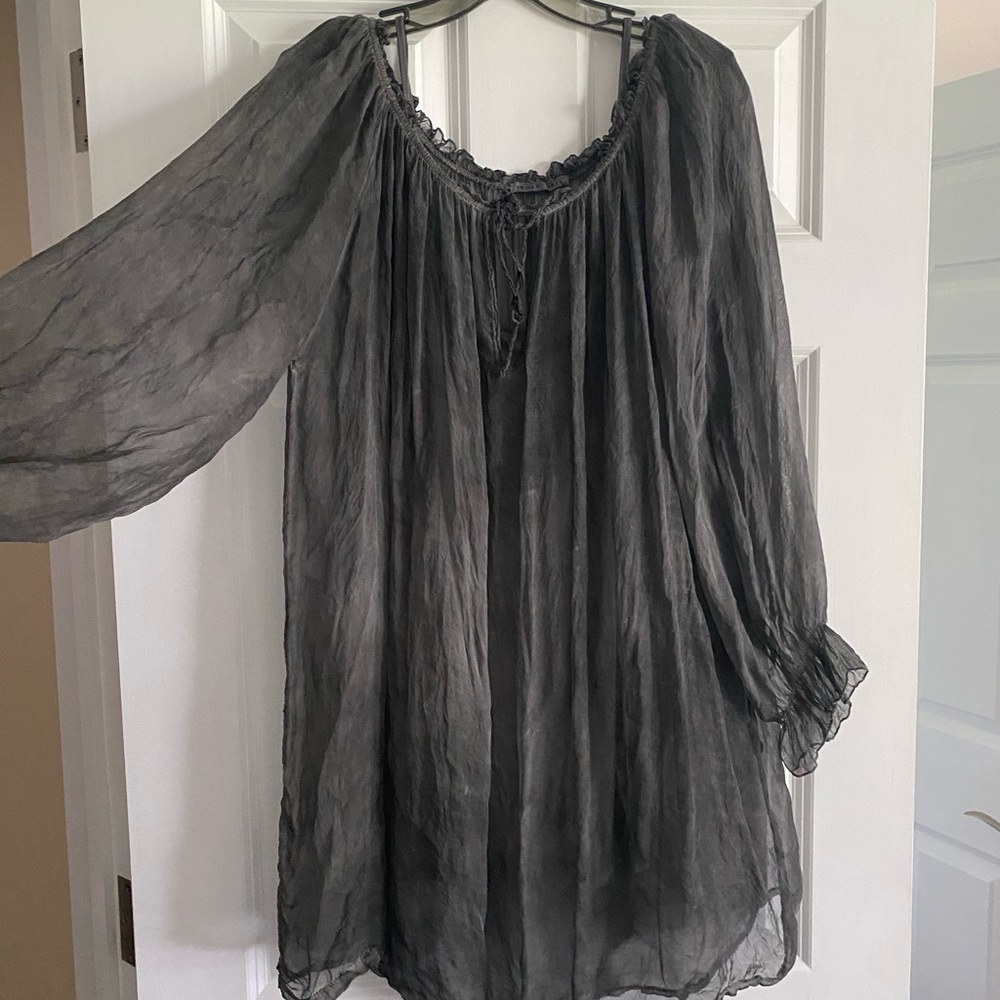 Tempo Paris 2 pc floaty silk tunic blouse top gray Sz L boho chic flirty